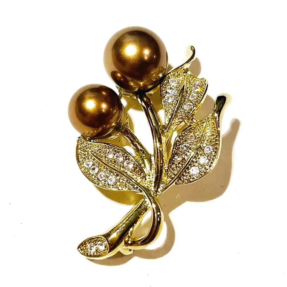 Rhinestone Gold Tone Faux Pearl Brooch Flowers Leaves Brown Sparkly Classy Fancy